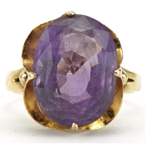 2294 - 14ct gold amethyst solitaire ring, the amethyst approximately 15.0mm x 10.7mm, size O, 5.0g