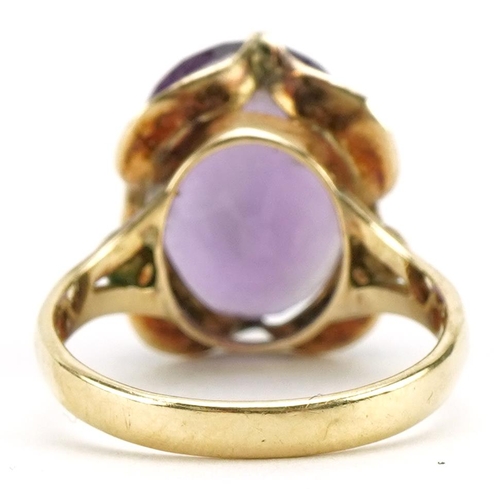 2294 - 14ct gold amethyst solitaire ring, the amethyst approximately 15.0mm x 10.7mm, size O, 5.0g