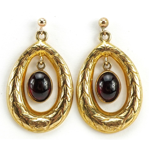 2027 - Pair of 9ct gold cabochon garnet drop earrings, each garnet approximately 8.2mm x 6.2mm, 3.4cm high,... 