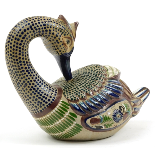 1190 - Acem, Mexican hand painted pottery swan, 35cm in length