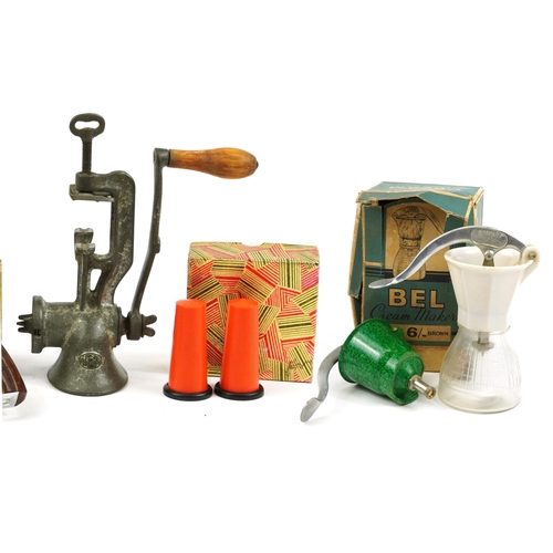 1214 - Vintage cooking tools including a boxed Prestige egg beater, Spong mincer, pair of 1970s orange plas... 