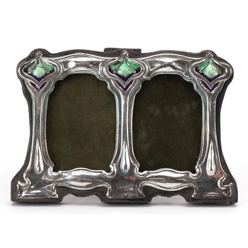 2733 - Art Nouveau style sterling silver and enamel double photo frame, 11cm wide