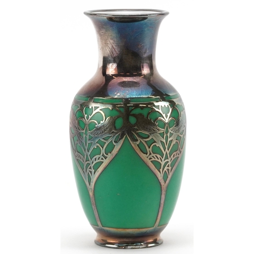 253 - Bavarian ceramic vase with silver tree and bird design overlay, numbered 725 to the base, 12cm high