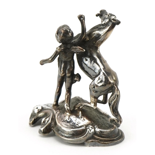 2774 - Victorian silver study of a Putti and rearing horse, Chester 1898, indistinct maker's mark, 5.0cm hi... 