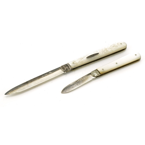 2773 - Two silver and mother of pearl folding fruit knives, one with engraved decoration, total 45.5g