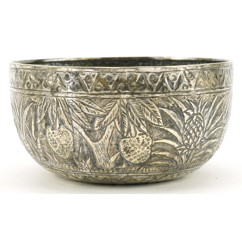 2781 - Chinese white metal bowl embossed with a geometric design and trees, 12cm in diameter, 88.9g