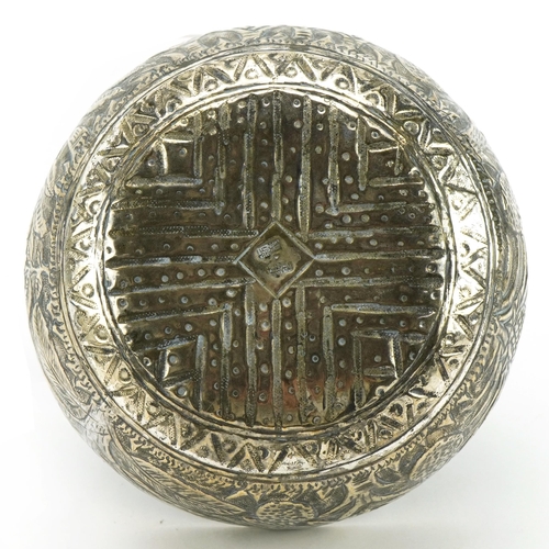 2781 - Chinese white metal bowl embossed with a geometric design and trees, 12cm in diameter, 88.9g