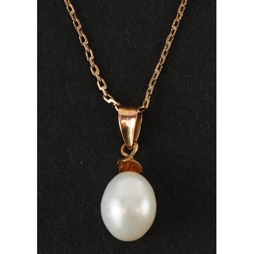 2638 - Pearl egg pendant necklace on a fine 14kt gold chain, 14cm in length, 2.3g