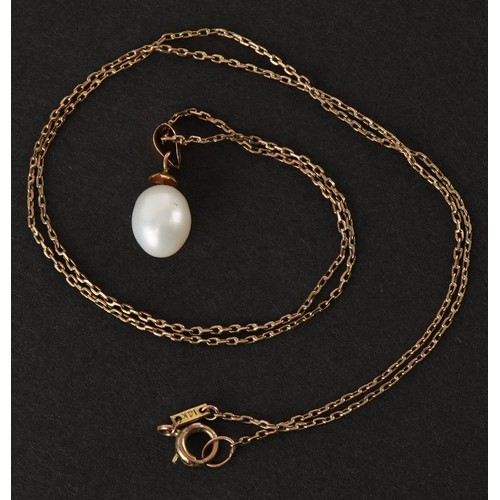 2638 - Pearl egg pendant necklace on a fine 14kt gold chain, 14cm in length, 2.3g