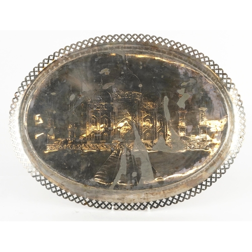 228 - Indian oval silver plated tray engraved with the Taj Mahal and pierced border, 38cm wide