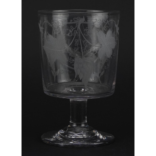 114 - 19th century Peace & Plenty glass rummer etched with foliage, 15.5cm high