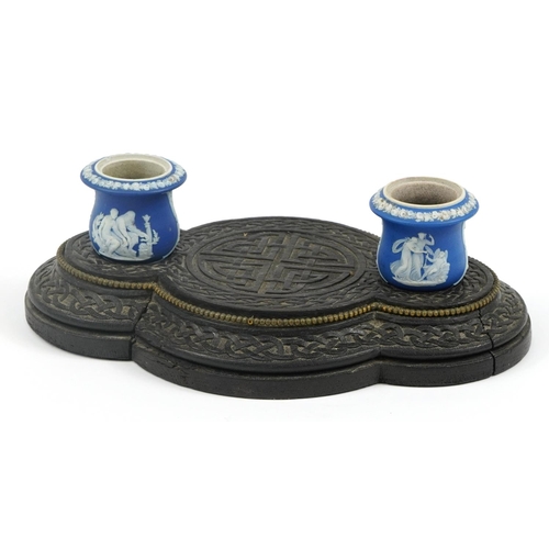 272 - Chinese hardwood desk stand with two Wedgwood Jasperware inkwells, 28cm wide