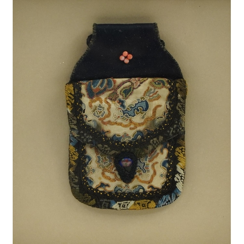 75 - Chinese silk scent bottle pouch with coral and cloisonne toggles finely embroidered with mythical an... 