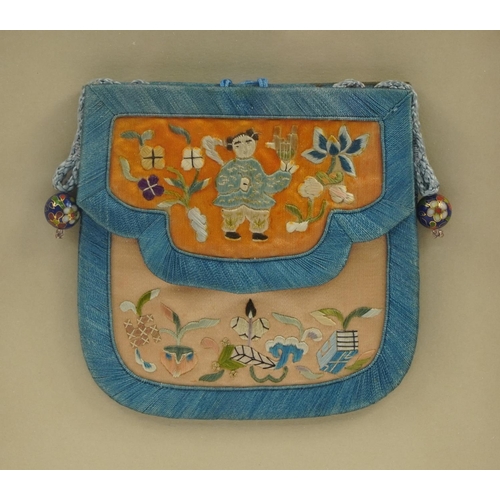 76 - Chinese silk scent bottle pouch with cloisonne toggles finely embroidered with a child and birds amo... 