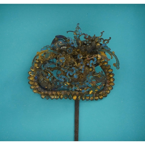 80 - Chinese Canton gilt and enamel filigree hair piece housed in a glazed framed display, overall 29.5cm... 