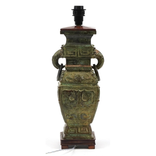 187 - Chinese archaic style patinated metal vase design table lamp with hardwood mounts, 39.5cm high