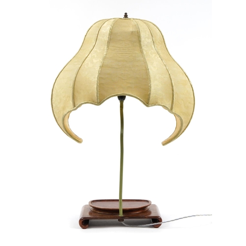 189 - Chinese hardwood lamp base with silk lined bat design shade, 65.5cm high