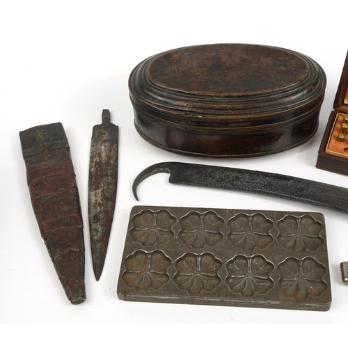 1238 - Sundry items including Indian bronzed spice box, bronzed lion head buckle and military interest stam... 