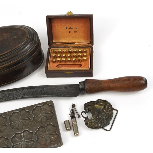 1238 - Sundry items including Indian bronzed spice box, bronzed lion head buckle and military interest stam... 