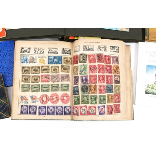 598 - Edwardian and later postcards and ephemera including world stamps arranged in an album, autographs a... 