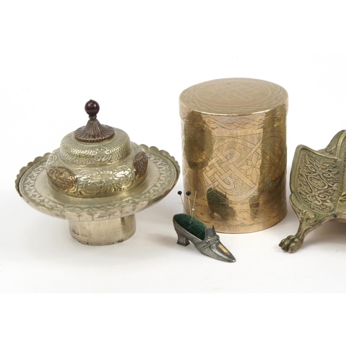 1278 - Metalware including a silver plated double inkwell, Indian cylindrical brass box and cover and a sho... 