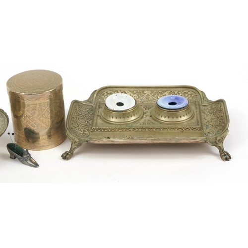 1278 - Metalware including a silver plated double inkwell, Indian cylindrical brass box and cover and a sho... 