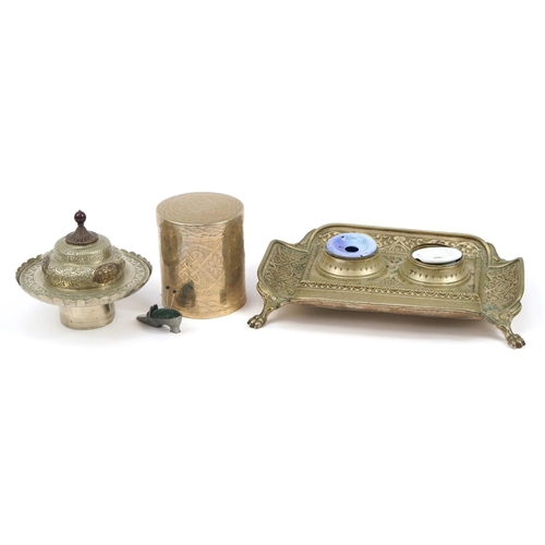 1278 - Metalware including a silver plated double inkwell, Indian cylindrical brass box and cover and a sho... 