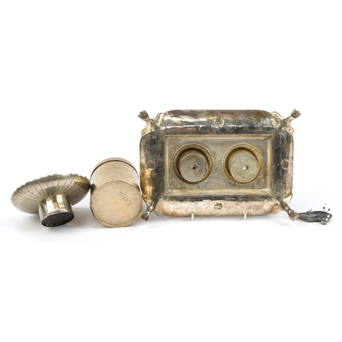 1278 - Metalware including a silver plated double inkwell, Indian cylindrical brass box and cover and a sho... 