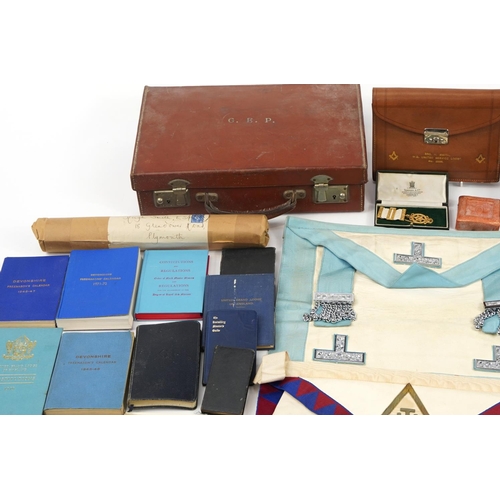 593 - Masonic regalia relating to Bro H Smith, housed in a tan leather case, retailed by Webb & Sons inclu... 