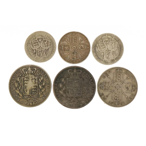 496 - Victorian silver coinage including 1844 and 1847 crowns and an 1887 double florin, 110.0g