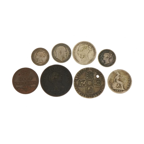 534 - George II and later British coinage including 1758 shilling, George III 1806 farthing, Victoria Youn... 