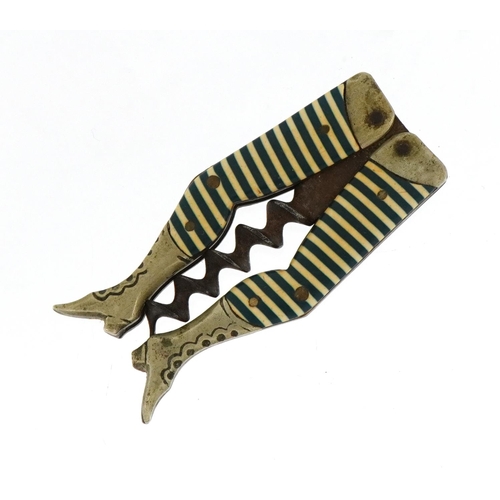 1 - Antique German celluloid legs design corkscrew with steel worm, 13cm wide when open