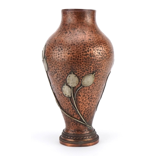 35 - French Art Nouveau copper vase with silvered metal floral decoration, 30cm high