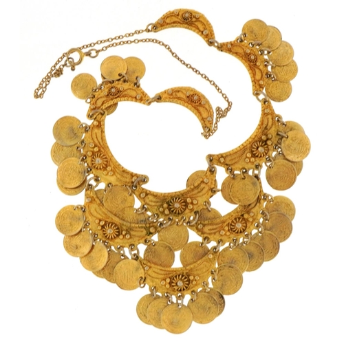 225 - Persian yellow metal coin design necklace, 39cm in length, 32.9g