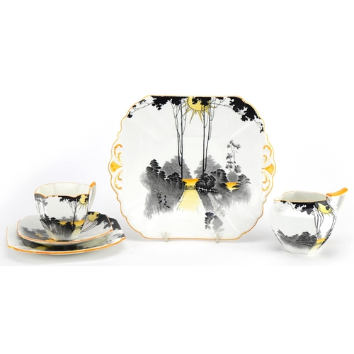 10 - Shelley, Art Deco Tall Trees teaware comprising trio, sandwich plate and milk jug, the largest 24.5c... 