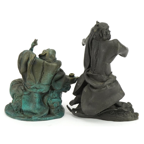 333 - Two Chinese bronze figures including a verdigris example of a mythical man, the largest 24cm high