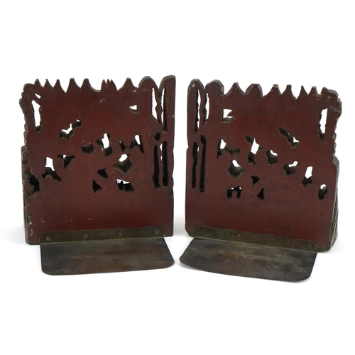 217 - Pair of Chinese hardwood bookends carved with figures beneath cherry blossom