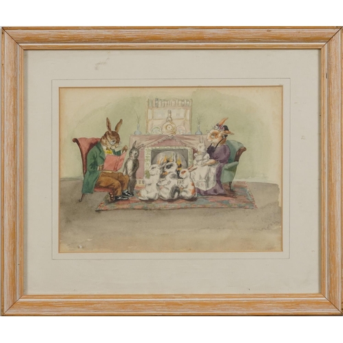 1403 - Interior scene with rabbits, comical watercolour, possibly from Peter Rabbit, mounted, framed and gl... 