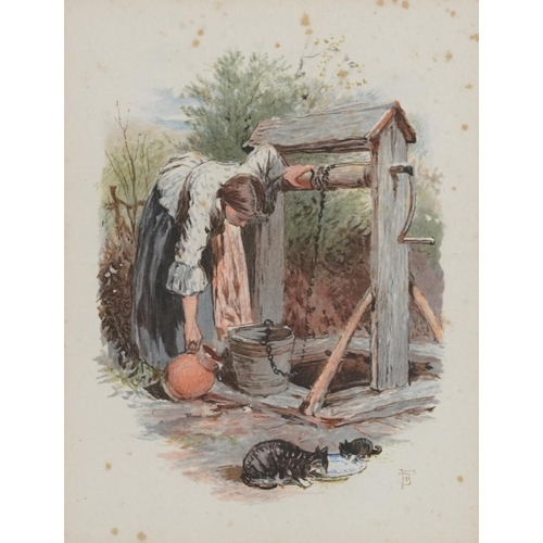 1711 - Manner of Myles Birket Foster - Female at a well, mounted, framed and glazed, 12.5cm x 9.5cm excludi... 