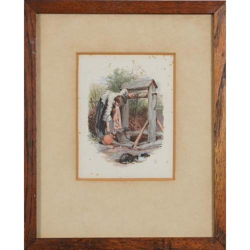 1711 - Manner of Myles Birket Foster - Female at a well, mounted, framed and glazed, 12.5cm x 9.5cm excludi... 