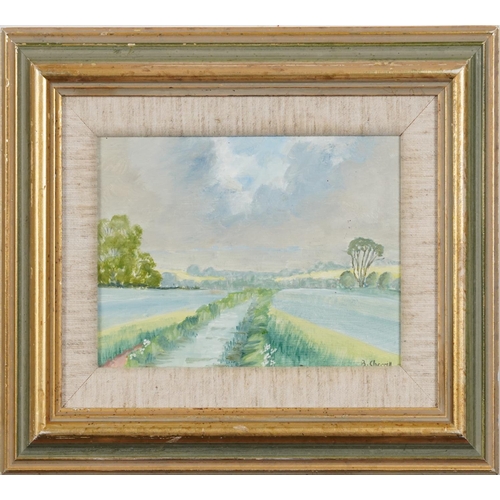 1710 - B Cherrill - Landscape with fields and trees, oil on board, mounted and framed, 17cm x 12cm excludin... 