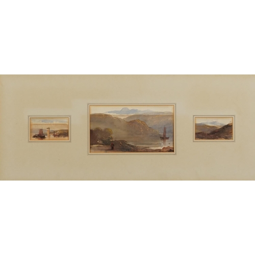 1430 - Moored boats, Highland loch and mountains, set of three 19th century watercolours on card mounted as... 