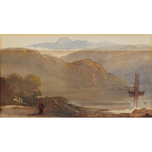 1430 - Moored boats, Highland loch and mountains, set of three 19th century watercolours on card mounted as... 