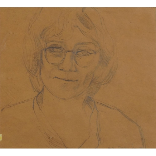 1737 - Faith O'Reilly - Head and shoulders portrait of a female wearing spectacles, 1980s pencil, inscribed... 