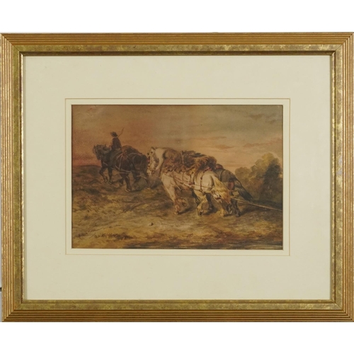 1509 - Workhorses and figure before landscape, 19th century watercolour, mounted, framed and glazed, 25cm x... 