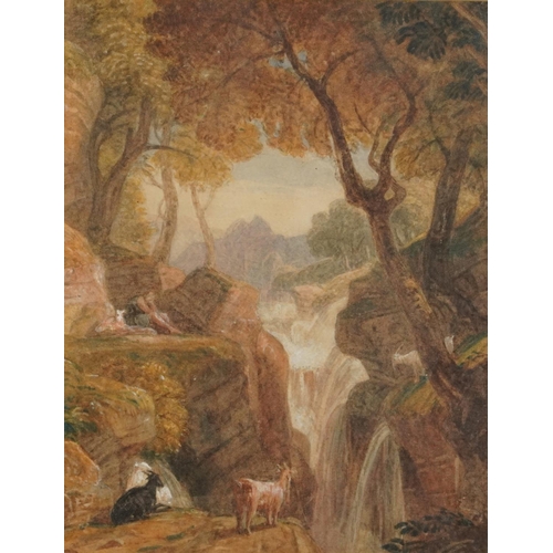 1721 - Mountain goats and shepherd before a waterfall, 19th century naïve watercolour, chalk marks and 9S1Z... 