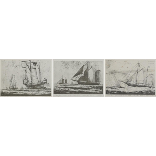 1722 - Ships at sea, set of three pencil signed Maritime lithographic prints, each indistinctly inscribed a... 