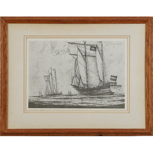 1722 - Ships at sea, set of three pencil signed Maritime lithographic prints, each indistinctly inscribed a... 