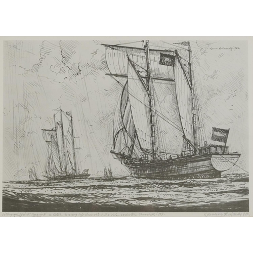 1722 - Ships at sea, set of three pencil signed Maritime lithographic prints, each indistinctly inscribed a... 