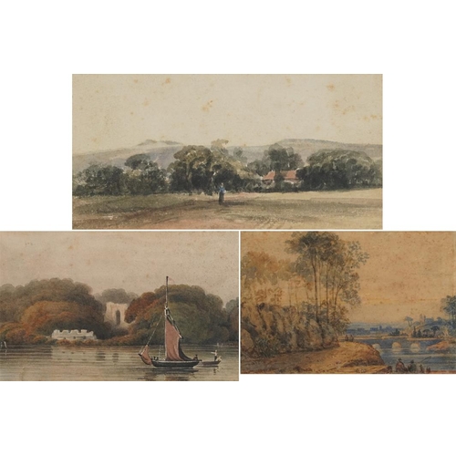 1691 - River landscapes with figures fishing and figure before trees, three 19th century and later watercol... 